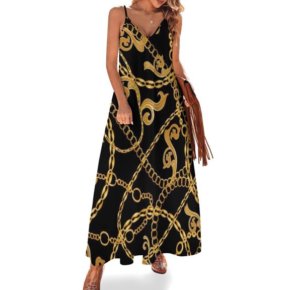 Gold Chain Sleeveless Suspender Dress Summer Fashion Casual Long Dress
