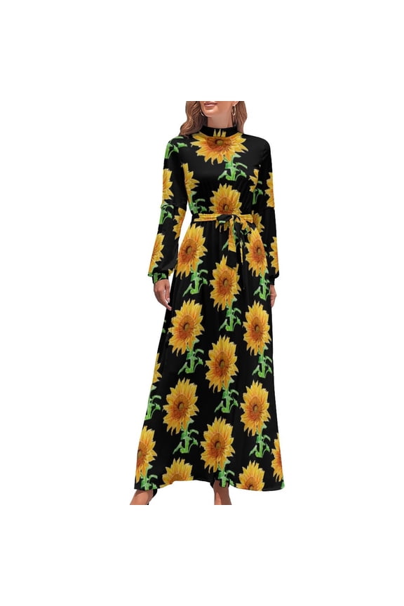Gold Chain Sunflower Dress Yellow Sunflowers Elegant Maxi Dress Street Wear Boho Beach Long Dresses High Neck Print Clothes