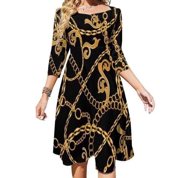 Gold Chain Women's 3/4 Sleeve Dresses Elegant A-Line Midi Dress Flare Summer Casual Sundress