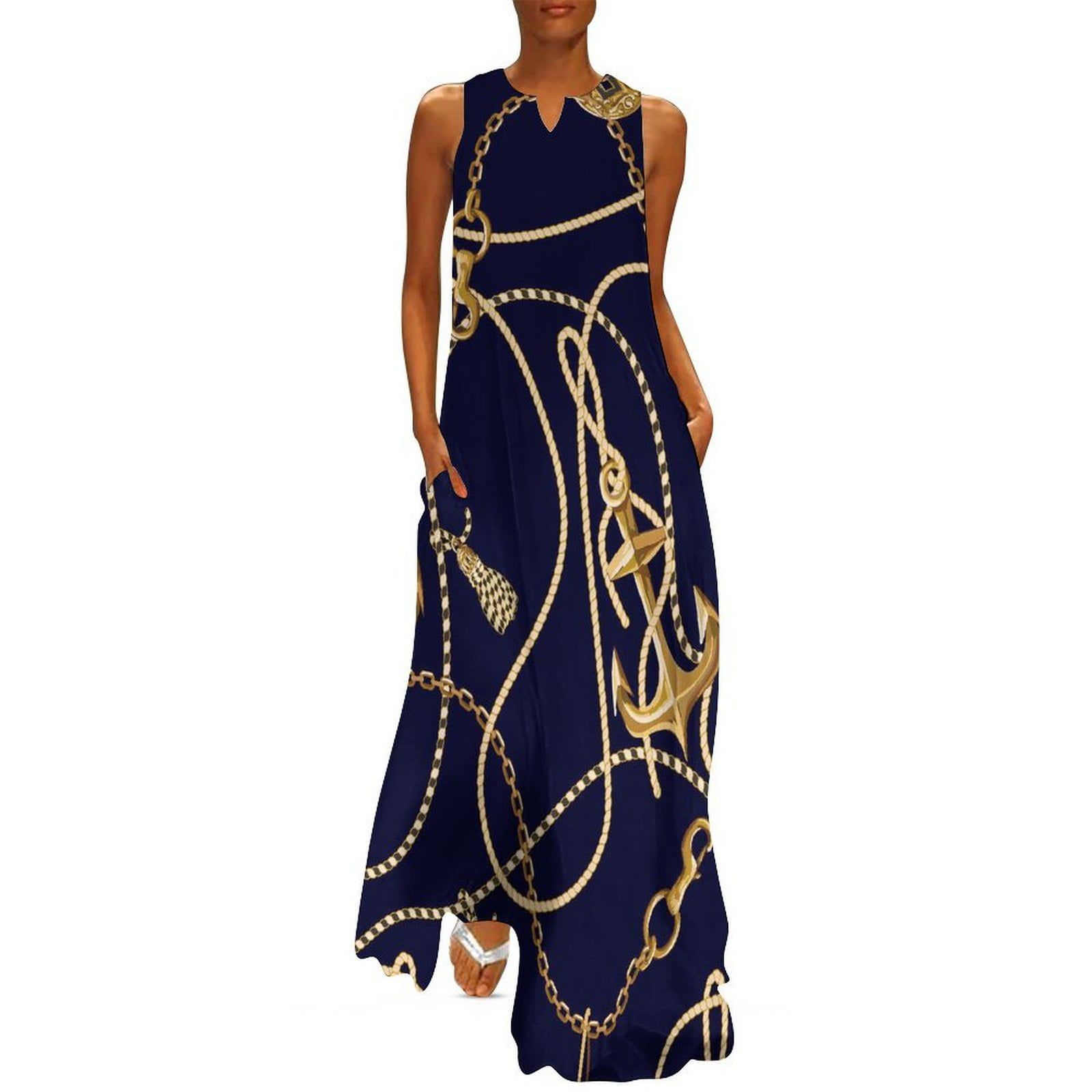 Gold Chains Dress Jewelry Print Elegant Maxi Dress V Neck Pattern ...