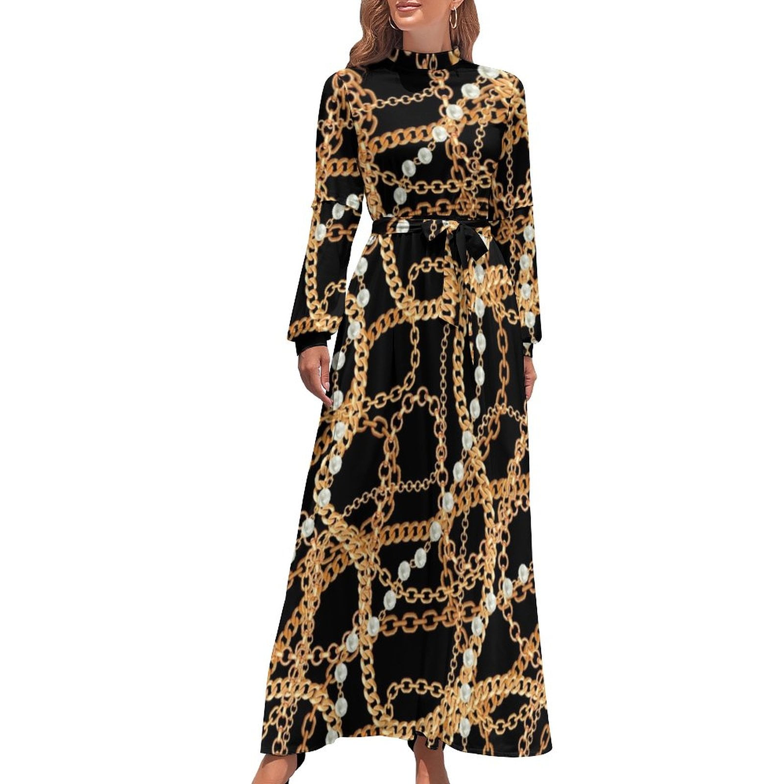 Gold Chains Dress Modern Pearls Print Elegant Maxi Dress Street Wear ...