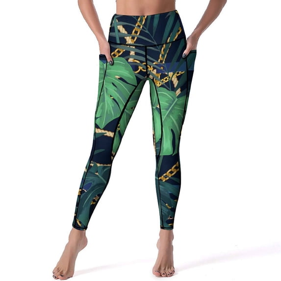 Gold Chains Leggings Baroque Style Fitness Yoga Pants Push Up Kawaii Sports Tights Pockets Stretch Design Yoga Legging