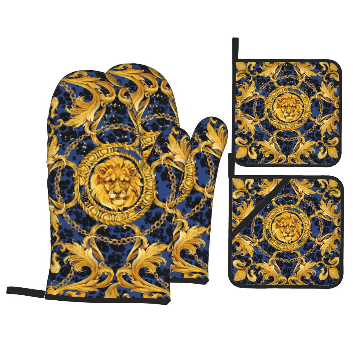 Gold Chains Leopard Oven Mitts and Pot Holders Sets Baroque Heat
