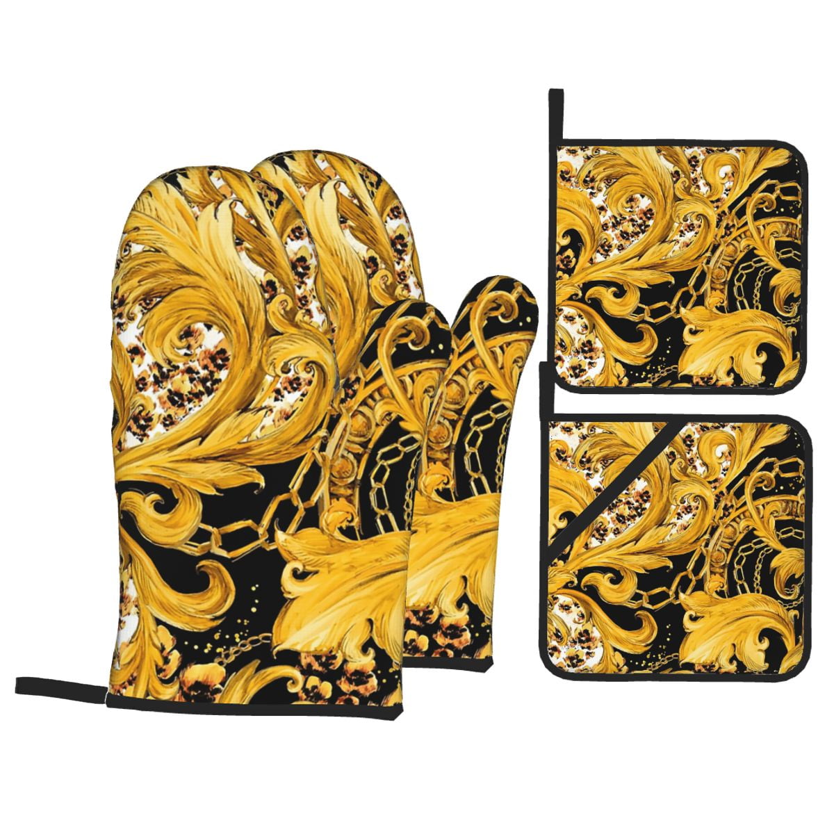 Gold Chains Leopard Oven Mitts and Pot Holders Sets Baroque Heat