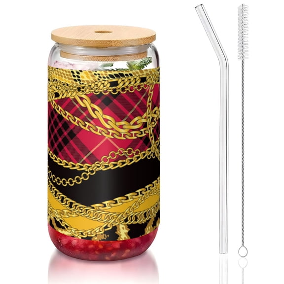 Gold Chains Leopard Snake Skin Scottish Tartan 16oz Can Shaped Glass Cup with Bamboo Lid Straw Brush, Reusable Iced Coffee Beer Can Glass Tumbler for Soda, Tea, Cocktails
