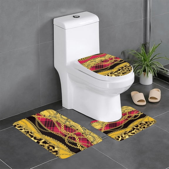 Gold Chains Leopard Snake Skin Scottish Tartan 3-Piece Bathroom Rug Set Non-Slip Flannel Bath Mat 24"x16" U-Shaped Contour Mat Toilet Lid Cover