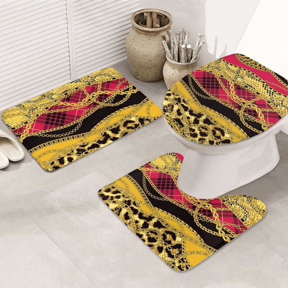 Gold Chains Leopard Snake Skin Scottish Tartan 3-Piece Bathroom Rug Sets - Non-Slip Bath Mat 31.5"x19.7" with U-Shaped Contour Mat Toilet Lid Cover