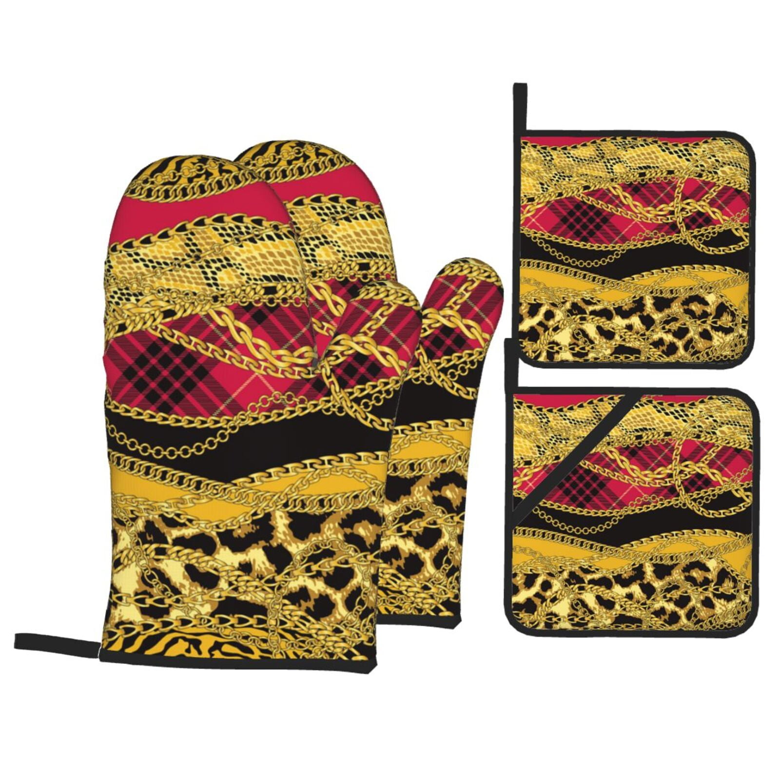 Gold Chains Leopard Snake Skin Scottish Tartan 4Pcs Oven Mitts and Pot Holders Sets Oven Kitchen Gloves Hot Pads for Cooking BBQ Baking Grilling