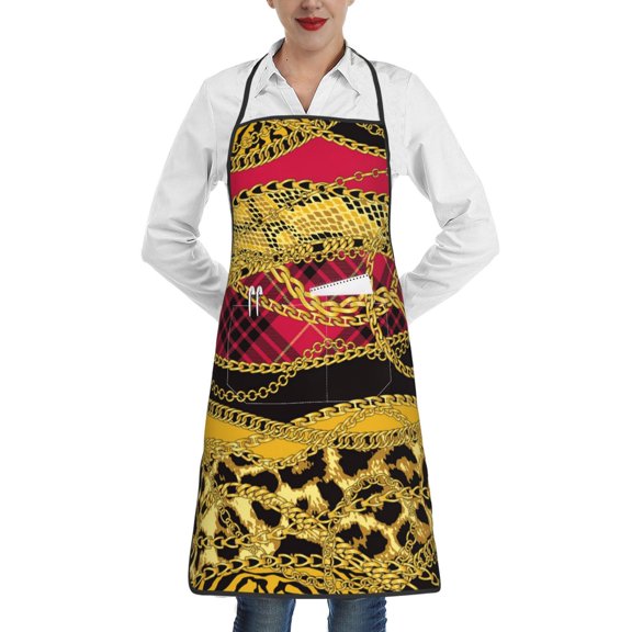 Gold Chains Leopard Snake Skin Scottish Tartan Apron with Pocket Cooking Waterproof Bib Aprons for Kitchen Baking Chef Gardening BBQ