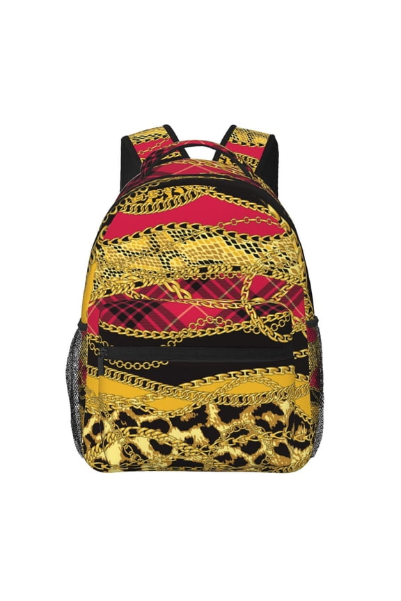 Gold Chains Leopard Snake Skin Scottish Tartan Backpack Casual College Bag Zipper Laptop Daypack Hiking Rucksack Travel