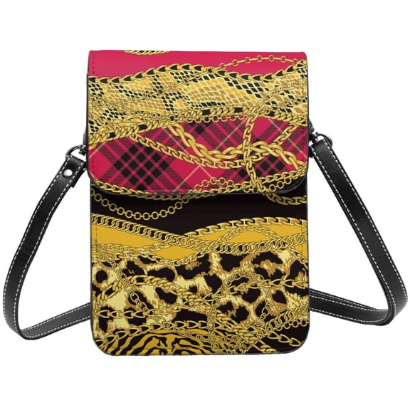 Gold Chains Leopard Snake Skin Scottish Tartan Cell Phone Purse Small Crossbody Bag with Strap Credit Card Slots Leather Shoulder Wallet for Women