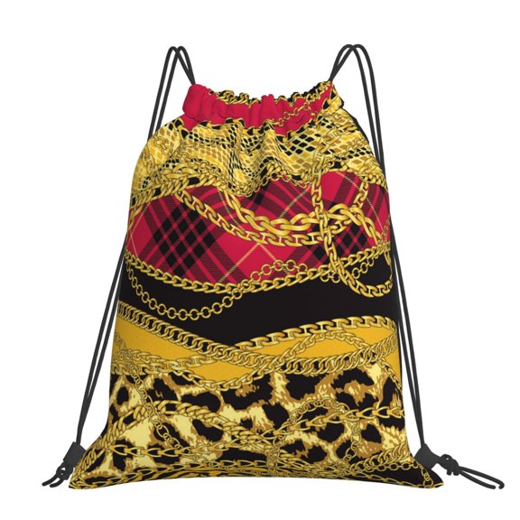 Gold Chains Leopard Snake Skin Scottish Tartan Large Drawstring Backpack Casual Cinch Sack Bag Backpack for Sports Hiking Travel Gym