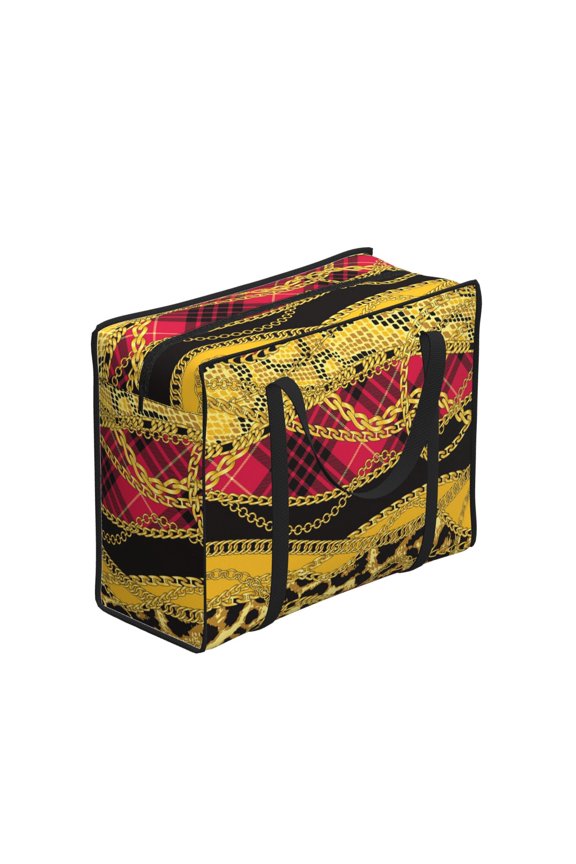 Gold Chains Leopard Snake Skin Scottish Tartan Large Reusable Shopping Bag with Zipper Foldable Tote Grocery Bag for Shopping, Travel, Beach, Picnic