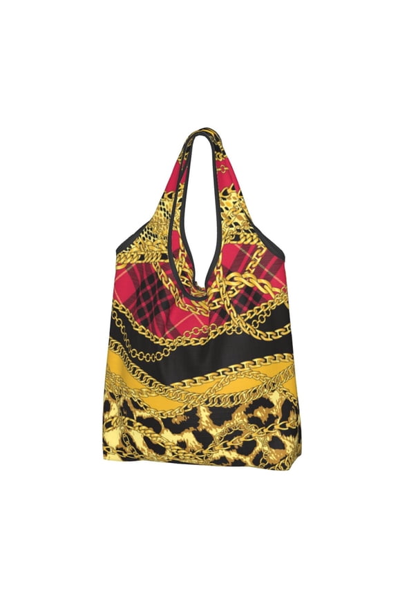 Gold Chains Leopard Snake Skin Scottish Tartan Reusable Grocery Bags Shopping Totes Foldable Washable Pouch Handbag Storage Bag