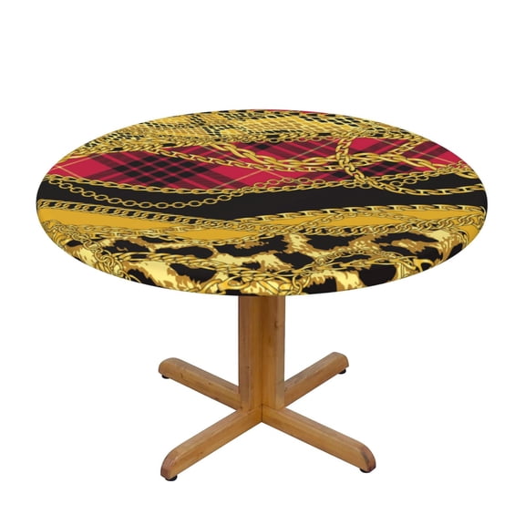 Gold Chains Leopard Snake Skin Scottish Tartan Round Fitted Tablecloth Elastic Edged Table Cloth Waterproof Table Cover 48in