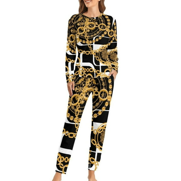 Gold Chains Pajamas Daily Letter Print Casual Oversized Nightwear Female Long-Sleeve Custom Cute Pajama Sets