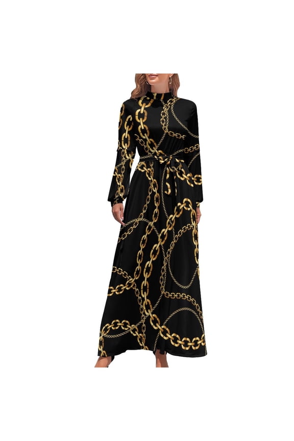 Gold Chains Print Dress High Waist Tropic Parrots Print Bohemia Dresses Long Sleeve Street Wear Long Maxi Dress Sexy Clothing