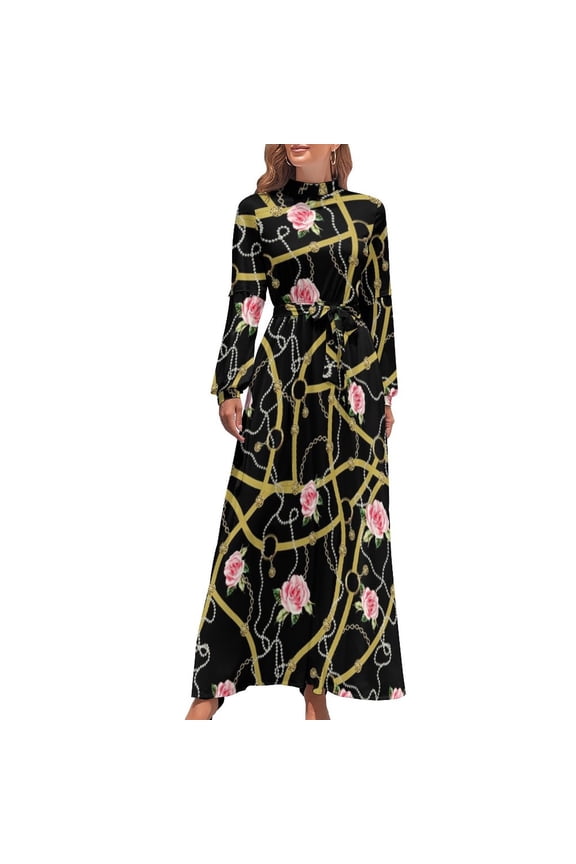 Gold Chains Print Dress High Waist Tropic Parrots Print Bohemia Dresses Long Sleeve Street Wear Long Maxi Dress Sexy Clothing