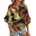thumbnail image 1 of Gold Chains Red Black Pattern Women's V-Neck Blouse With 3/4 Ruffled Bell Sleeves Casual Top Ladies Blouses, 1 of 7