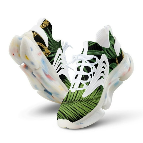 Gold Chains Tropical Leaves Pattern Walking Shoes for Men Woman Lightweight Tennis Fashion Elastic Sports Shoes Cushion Basketball Shoes