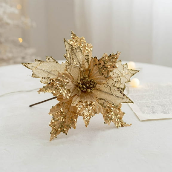 Gold Champagne Christmas Flowers - High-Grade Adhesive Powder Simulation, Decorative Christmas Tree Flowers, Burgundy and Gold Artificial Flowers for Holiday Décor