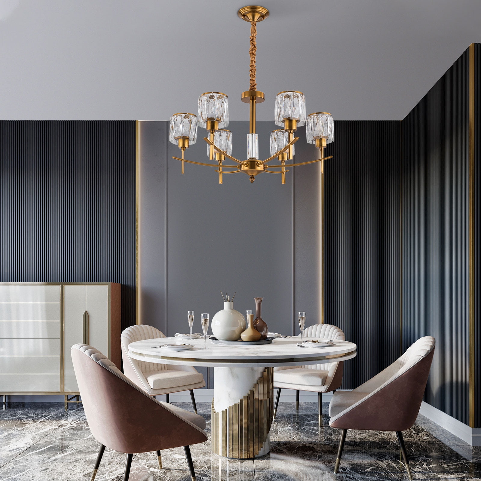 Gold Chandelier 6 Lights Crystal Chandeliers Lighting Fixture Living ...