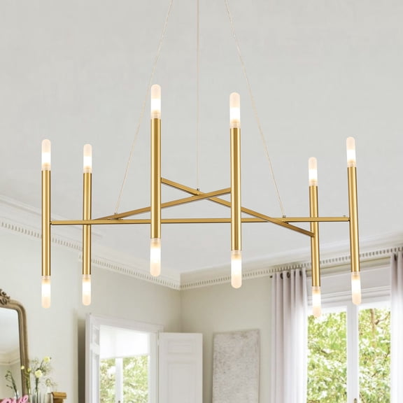 Gold Chandelier Light Fixture, 12-Light Brassy Gold Chandelier for Dining Room 35" Geometric Hanging Chandeliers Mid-Century Light Fixture for Entry Kitchen Bedroom