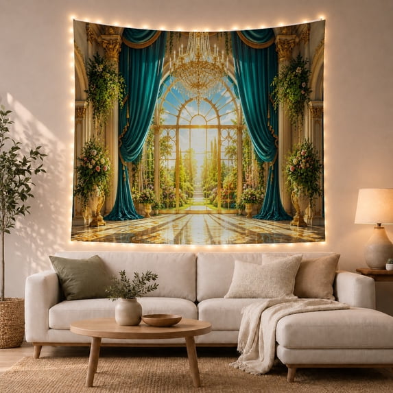 Gold Chandelier Between Teal Curtains and Garden Doorway, Serene Vintage for Flower Lovers, Palace Decor, Housewarming Gift, Tapestry Wall Hanging for Bedroom and Living Room