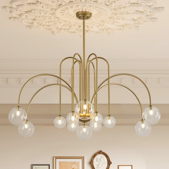 Gold Chandeliers 12 Lights Modern Sputnik Chandelier Large L52Mid Century Ceiling Pendant Light Fixtures with Clear Glass Globe Shades for High Ceiling Living Dining Room Foyer Staircase