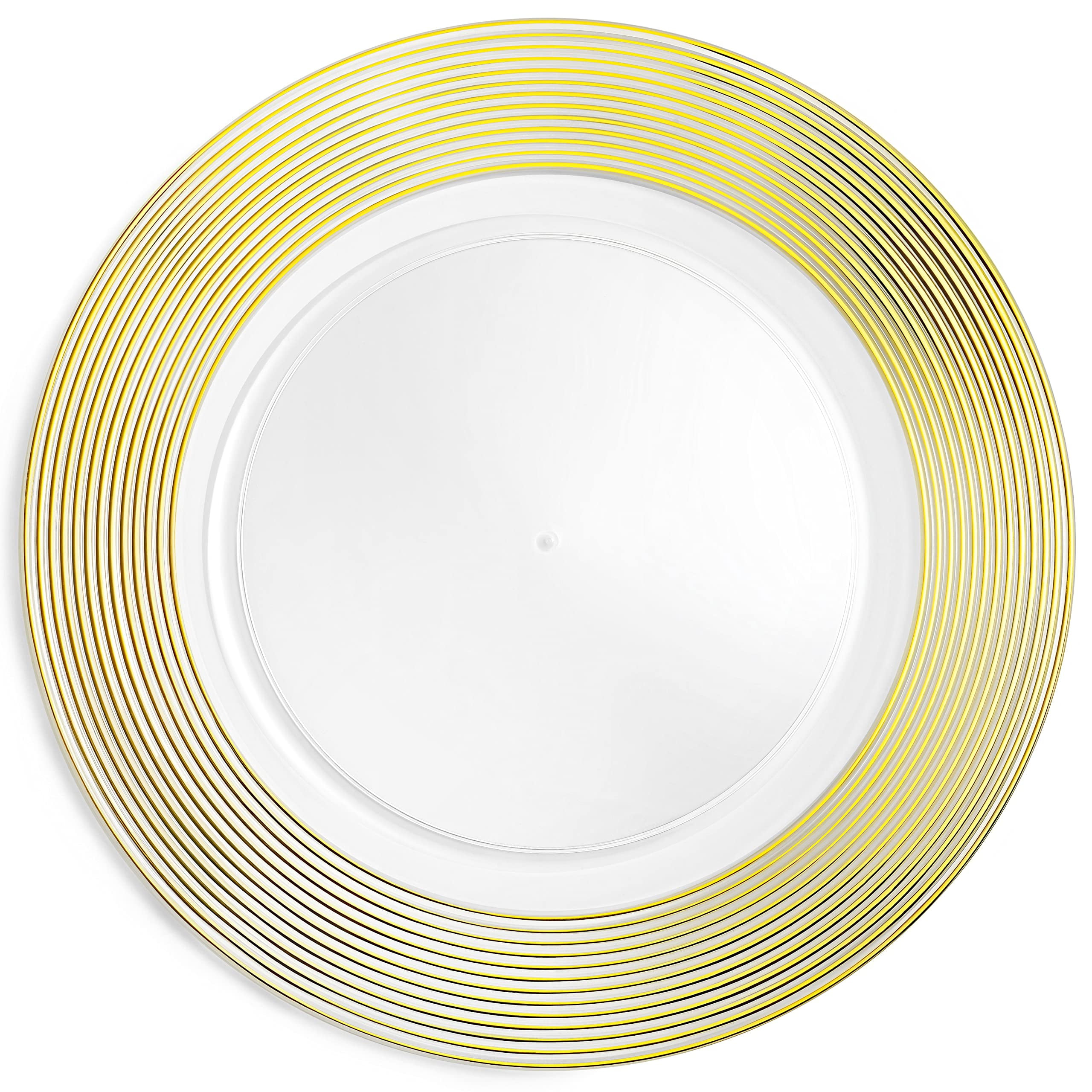 Gold Rimmed Clear Plastic Round Charger Plates, Set of 6, 13"