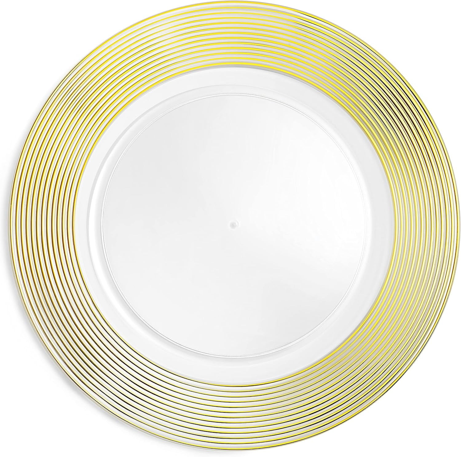 Gold Rimmed Clear Plastic Round Charger Plates, Set of 6, 13"