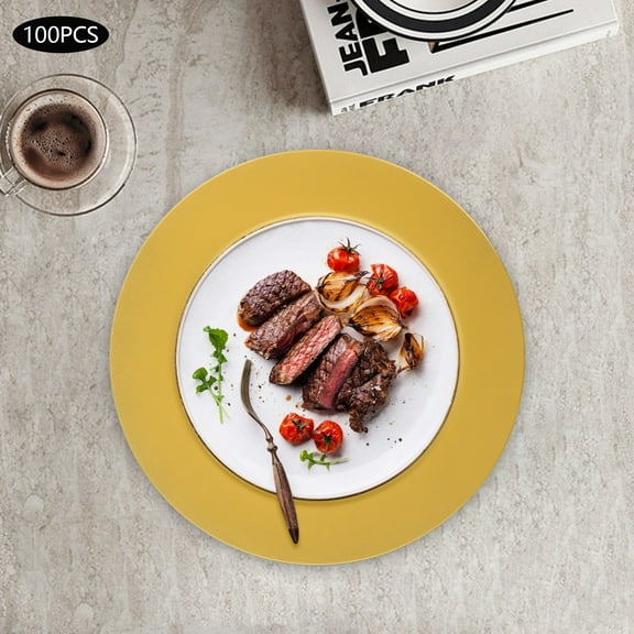 Gold Charger Plates, 13in Diameter PP Material with Spray Paint Finish, Set of 100 Disposable/Reusable, For Weddings and Banquets