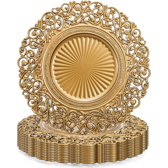 Gold Charger Plates Set of 12, 13" Round Plastic Dinner Chargers, Decorative Hollowed Out Flowers Serving Plates for Table Setting, Catering, Wedding, Party, Event