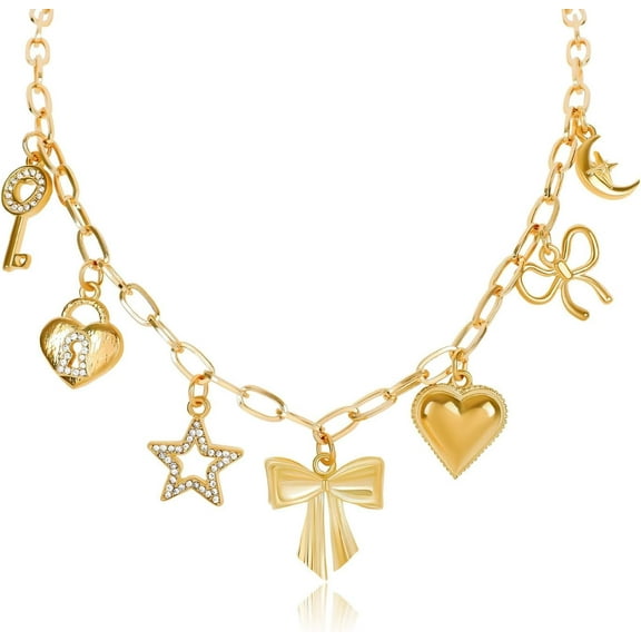 Gold Charm Necklaces for Women, 18K Gold Plated Bow Pendant Necklace Gold Heart Chain Aesthetic Star Jewelry