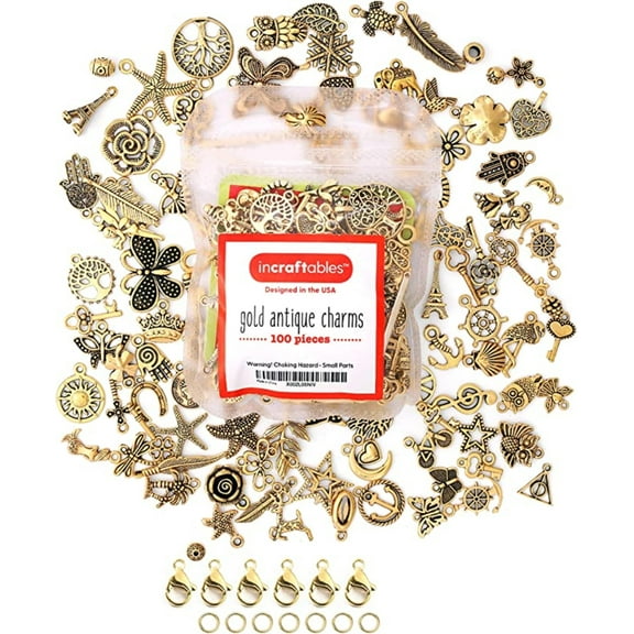 Gold Charms 100pcs Bulk with 15pcs Clasps & Rings by Incraftables for Jewelry & Bracelet Making