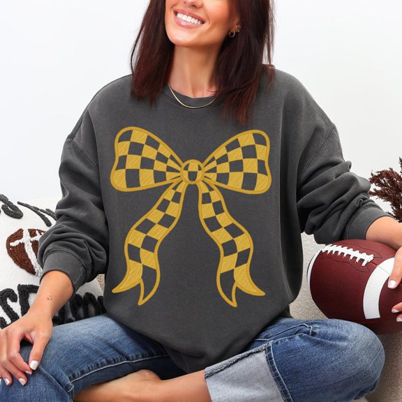 Gold Checkered Bow, Gold Game Day Shirt Design, Checkered School Mascot, Coquette Bow Game Day Shirt Design, Baseball Football All Size S-5Xl