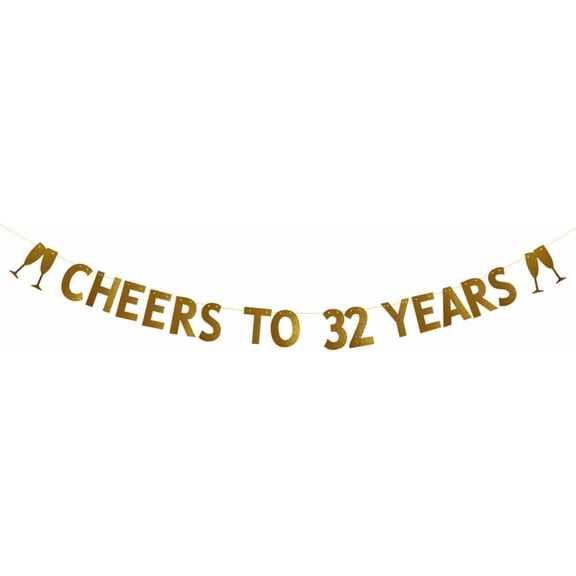 Gold Cheers to 32 Years Banner,Pre-strung,32nd Birthday/Wedding Anniversary Party Decorations Supplies,Gold Glitter Paper Garlands Backdrops,Letters CHEERS TO 32 YEARS