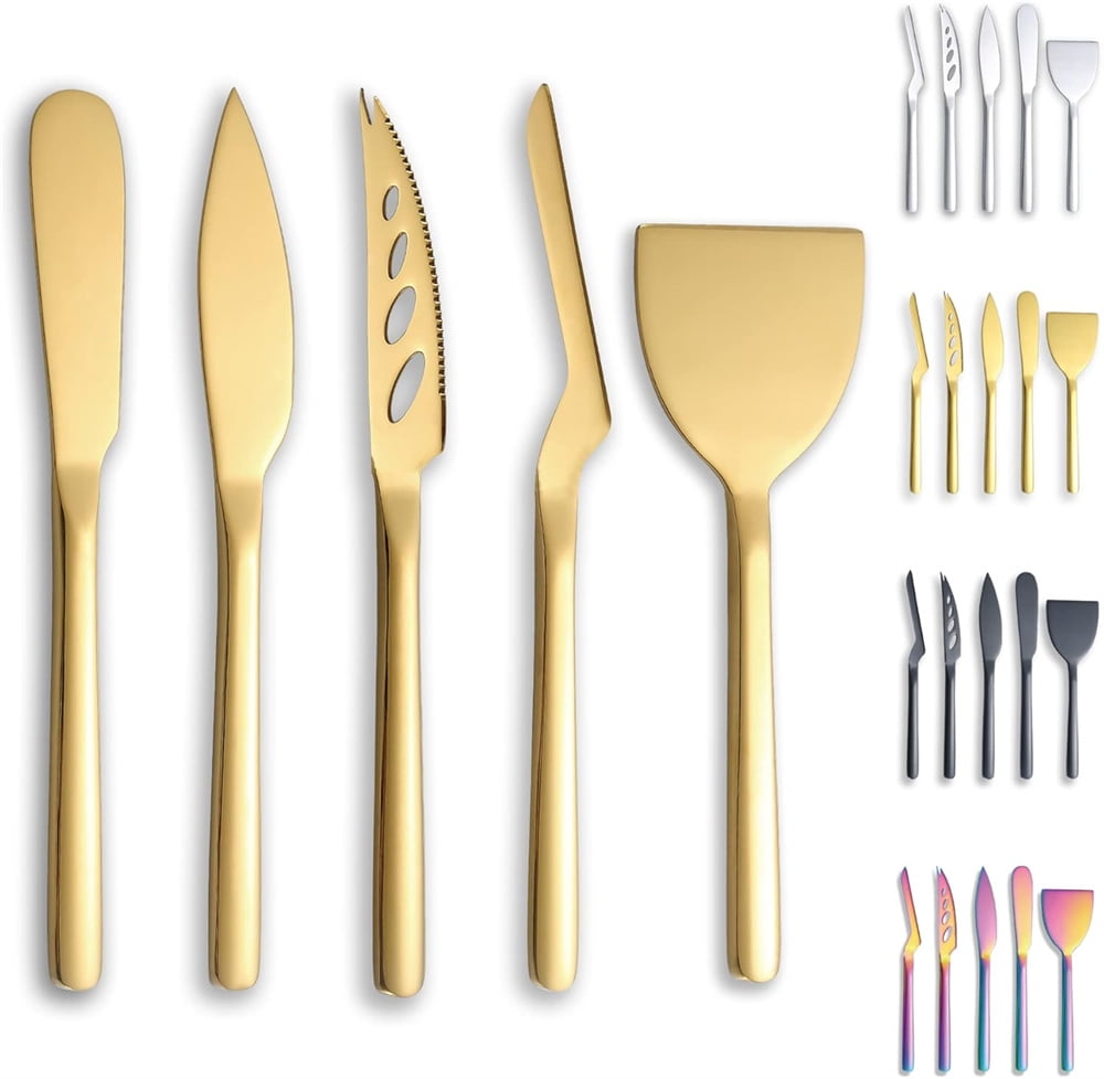 Gold Cheese Knife Set of 3, NOGIS Ergonomic Design Titanium Golden Plated Cheese Slicer, Butter Knife Spreader, Cheese Cutter, Cheese Knives for All Type of Cheese