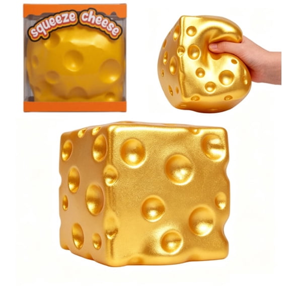 Gold Cheese Slow Rise Squishy Stress Relief Toy, Giant Resistant Rubber Squeeze Fidget Toy, Portable Box Pack Desk Decor Anxiety Relief Gift for Kids Adults Office Classroom