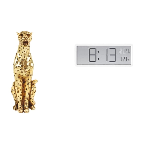 Gold Cheetah Figurine Realistic Cheetah Statue Digital Wall Clock Multifunctional Design for Office Home Living Room