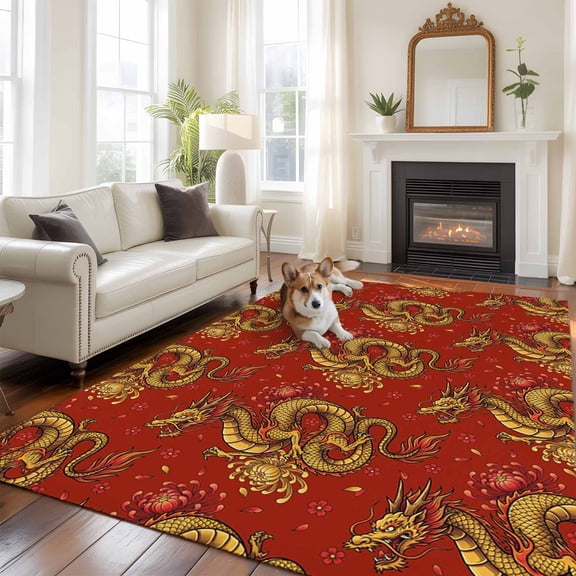 Gold Chinese Dragon Area Rugs 5x7 ft Retro Flower Abstract Red Background Washable Rug Non Slip Indoor Carpet Absorbent Floor Mat for Living Room Bedroom Dining Room