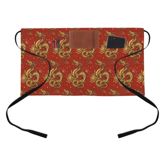 Gold Chinese Dragon Half Waist Apron Retro Flower Abstract Red Background Short Waiter Aprons with 3 Pockets for Women Men Kitchen Restaurant Cooking