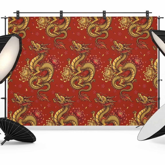 Gold Chinese Dragon Photography Backdrop 7x5FT, Retro Flower Abstract Red Background Photo Backdrops, Background for Photography Studio Photo Studio Background, Back Drop for Photoshoot