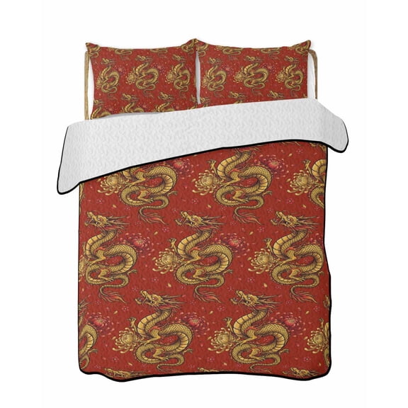 Gold Chinese Dragon Quilts Bedding Set Twin Size Retro Flower Abstract Red Background Lightweight Quilted Bedspread 3 Piece Bed Quilt with 2 Pillow Shams All Season for Bedroom 68" x 86"