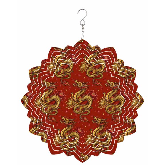 Gold Chinese Dragon Wind Spinner for Garden Yard 8In, Retro Flower Abstract Red Background 3D Stainless Steel Kinetic Hanging Wind Spinners Rustproof Outdoor Decor for Lawn Patio Home