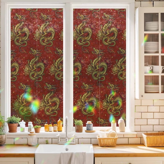 Gold Chinese Dragon Window Privacy Film Retro Flower Abstract Red Background Static Cling Stained Glass Window Film Non-Adhesive Decorative Decals Rainbow Sticker 17.7"X39.3"