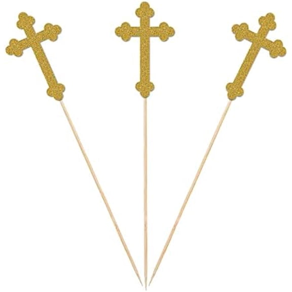 Gold Christening Cross Centerpiece Sticks, 12-Pack Table Topper Gold Bless Baptism Baby Shower Party Decorations