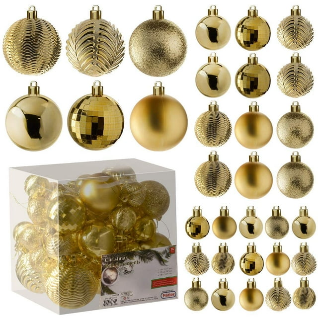 Gold Christmas Ball Ornaments for Christmas Decorations - 36 Pieces Xmas Tree Shatterproof Ornaments with Hanging Loop for Holiday and Party Decoration (Combo of 6 Styles in 3 Sizes)