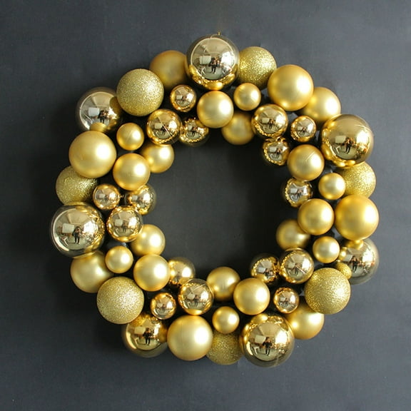 Gold Christmas Ball Wreath, Shiny Metallic Ornament Wreath with Assorted Golden Baubles, Ideal for Front Door, Holiday Season Home Decor and Festive Accents - Gold,13.78inch