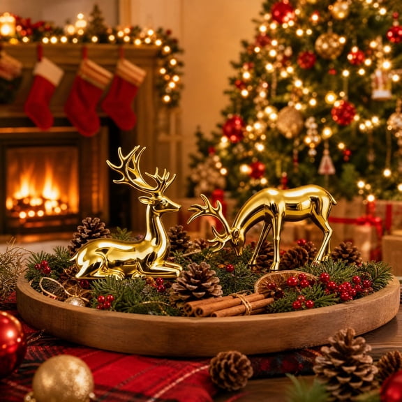 Gold Christmas Reindeer Figurines, pair of decorative holiday deer for mantels, shelves, tables and seasonal home displays